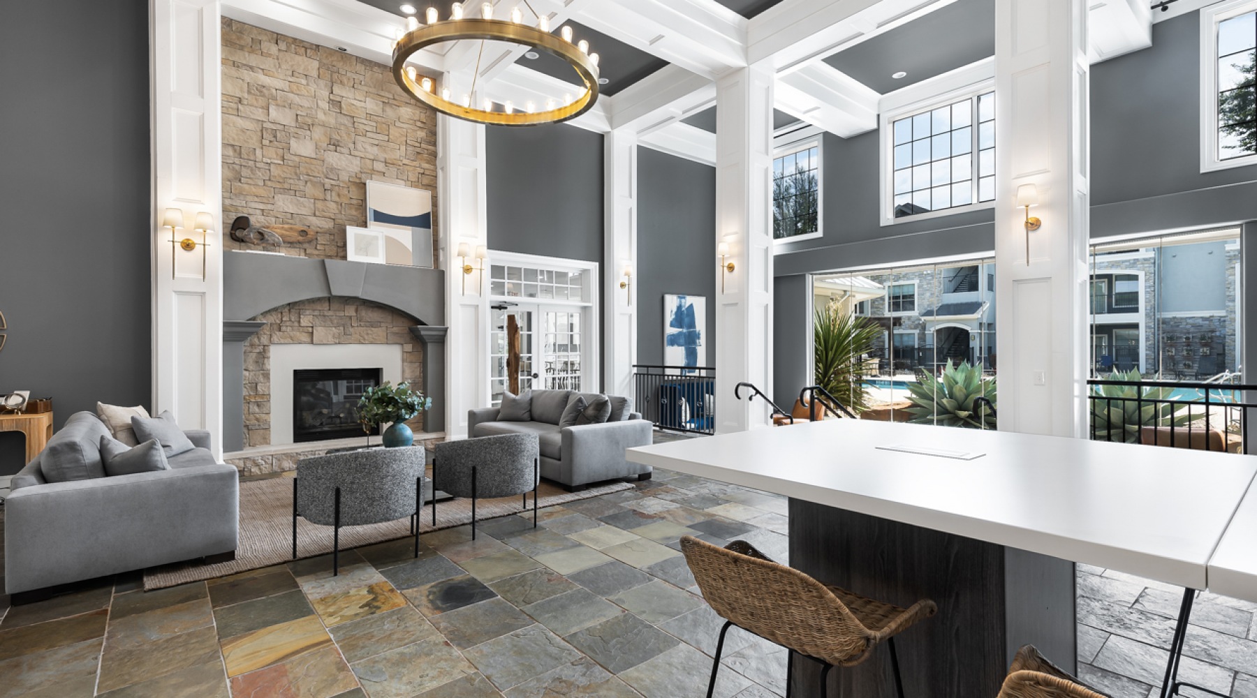 Find your perfect fit at Villas at Stone Oak Ranch a room with a fireplace couches